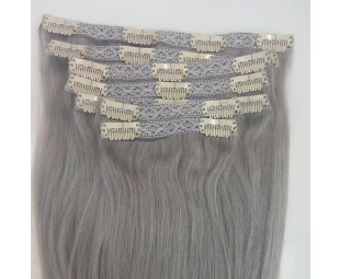 Cheap 100% human remy double weft grey color clip in hair extension