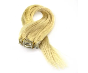 Light blond human hair extension clip in hair weft