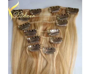 Top quality full ends no acid no chemical virgin clip in human hair extensions brown blonde mix