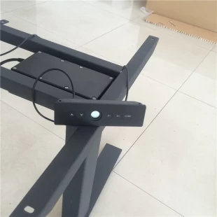 Electronic office height adjustable desk with display screen.
