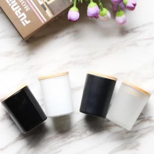 OEM black and white matte frosted  glass candle holder jars with wood lid