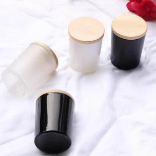 OEM black and white matte frosted  glass candle holder jars with wood lid