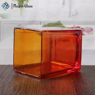 オレンジの大きなガラスのキャンドルホルダー卸売ガラス正方形キャンドルホルダー