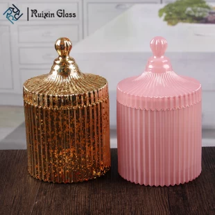 Ronde decoratieve gestreepte glazen kandelaar roze 4 inch glazen kaars houders met koepel deksels