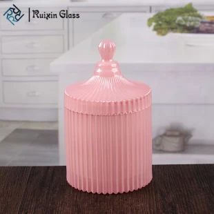 Castiçal de vidro decorativo redondo de listrado rosa 4 polegadas de vidro com tampas de abóbada