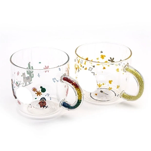 380ml Bead Handle Heat Resistant Borosilicate Glass Mug with Decal Printing