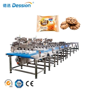 Linha de embalagem de biscoito totalmente automática, linha de máquina de embalagem para alimentação de bolo, bolacha, rolo de ovo
