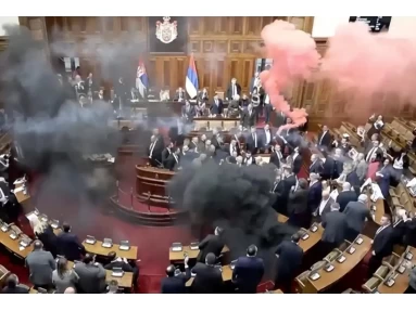Someone threw smoke bombs and tear gas when National Conference of Serbian parliament