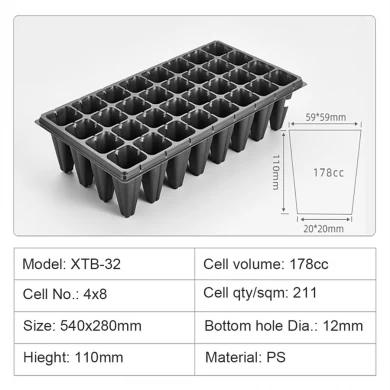 XTB 32 Cells Reusable Large and Deep Black PS Plastic Nursery Tree Seedling Tray Wholesale