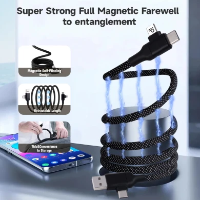 Logo personnalisé 60W Charge magnétique noire USB C vers USB C Câble double sortie 4 en 1 Câble de chargement multi-magnétique