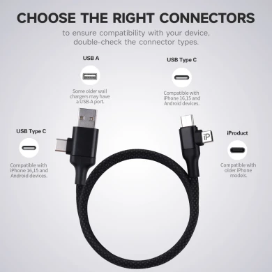 Logo personnalisé 60W Charge magnétique noire USB C vers USB C Câble double sortie 4 en 1 Câble de chargement multi-magnétique