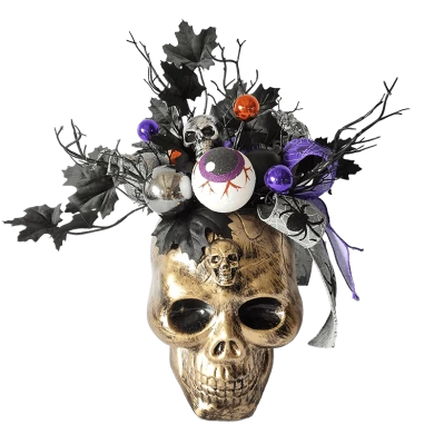 Calaveras de Halloween Senmasine con lazo negro, hojas artificiales, flores rosas, cabezas de esqueleto
