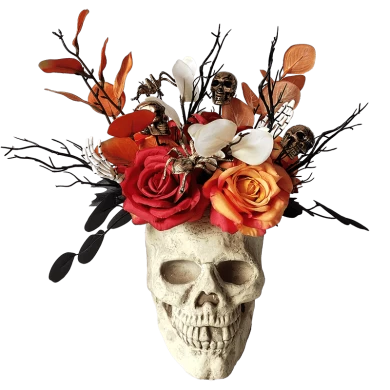 Senmasine Crânes d'Halloween avec nœud noir Feuilles artificielles Fleurs roses Têtes de squelette