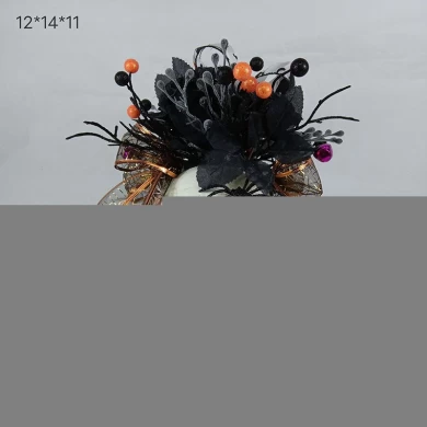 Decoración de calavera de Halloween con hojas negras artificiales, calabaza con purpurina