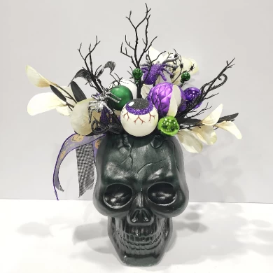 Halloween-Dekoration, Totenkopf mit Kürbis, Hexenhut, gruselige Augen, Kugeln, DIY-Skelettkopf