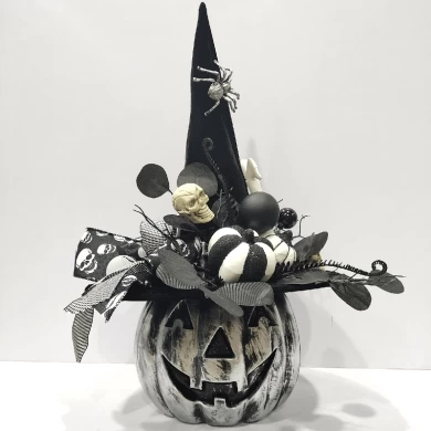 Senmasine Zucca di Halloween con rete glitterata Nera Foglie artificiali Occhi di fantasma Modello Palline Testa di scheletro