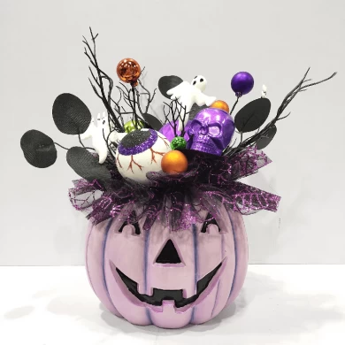 Calabaza Senmasine para Halloween con malla brillante, hojas artificiales negras, ojos de fantasma, adornos, cabeza de esqueleto