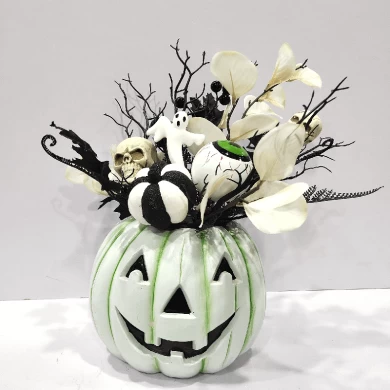 Senmasine Abóbora Halloween com glitter malha preta folhas artificiais fantasma olhos padrão enfeites cabeça de esqueleto