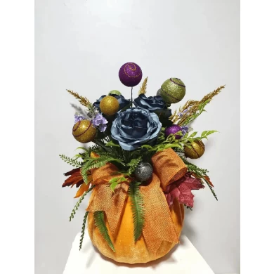Senmasine ハロウィン装飾カボチャとグリッターつまらないブルー造花ローズカエデの葉の弓の装飾