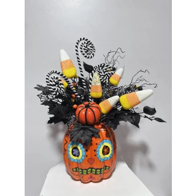 Decoraciones de halloween Senmasine, calabaza con adornos brillantes, flor Artificial azul, rosa, Hojas de arce, decoración de lazo