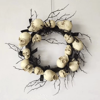Coroa de Halloween com caveira Senmasine e arcos de aranha de videira Black Dead Branch