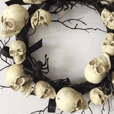 Senmasine Totenkopf-Halloween-Kranz mit Grapevine-Spinnenschleifen Black Dead Branch