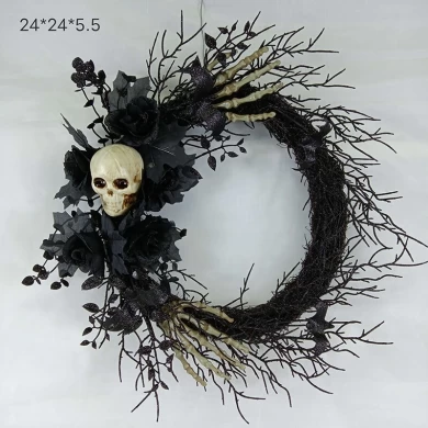 Senmasine Corona de Halloween negra de 24 pulgadas con cabezas de esqueleto, purpurina a mano, ramas muertas negras, flores de rosas artificiales