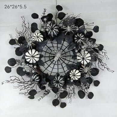 Senmasine 26-Zoll-Halloween-Kranz, schwarz, mit Spinnennetz, abgestorbenen Zweigen, glitzernden silbernen Beeren, Kürbis