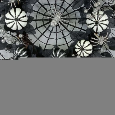 Senmasine 26-дюймовый венок на Хэллоуин, черный с паутиной, мертвые ветки, блестящие серебряные ягоды, тыква