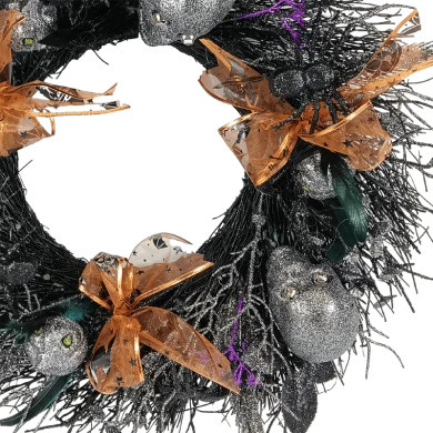 Senmasine Teste di scheletro da 26 pollici Ghirlanda di Halloween con foglie glitterate Fiocchi arancioni Ragno nero