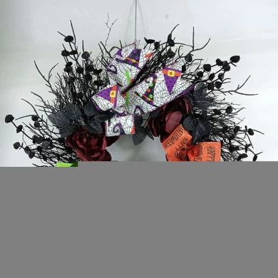 Senmasine Corona de cinta de Halloween de 22 pulgadas con grandes rosas artificiales, flores, rama muerta negra