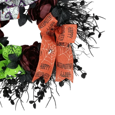 Senmasine Corona de cinta de Halloween de 22 pulgadas con grandes rosas artificiales, flores, rama muerta negra