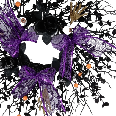 إكليل الهالوين الأسود مقاس 55.88 سم من Senmasine مع قوس أرجواني لامع وزهرة وردية صناعية على شكل هيكل عظمي