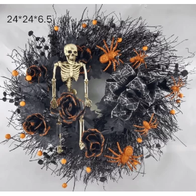 Senmasine 24 inch Halloween skeletkrans met glitterspin kunstmatige rozenbloemen zwarte strik oranje bessen