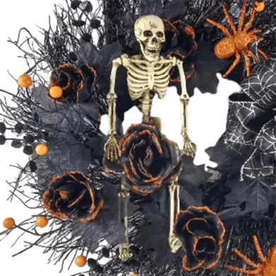 إكليل الهيكل العظمي للهالوين مقاس 60.96 سم من Senmasine مع زهور الورد الاصطناعية اللامعة العنكبوتية باللون الأسود والتوت البرتقالي