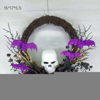 Senmasine 24 Inch Halloween Skeleton head Wreath with Glitter Spider Artificial Roses Flowers