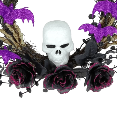 Senmasine Corona de cabeza de esqueleto de Halloween de 24 pulgadas con flores de rosas artificiales de araña con purpurina