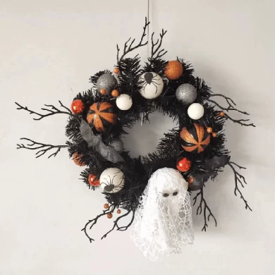 Senmasine 18-Zoll-Halloween-Geisterkranz mit künstlichen PVC-Zweigen, glitzernde Spinnen-Partydekoration