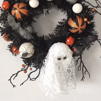 Senmasine 18 Inch Halloween Ghost Wreath with artificial PVC branches glitter spider party decoration