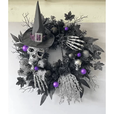 Senmasine Corona de Halloween de 24 pulgadas con lazo de araña negro, patas a rayas, escoba con purpurina, cabeza de esqueleto espeluznante, sombrero de bruja de mano