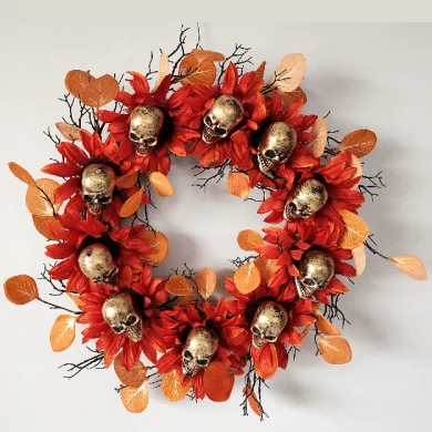 Senmasine Couronne d'Halloween en forme de crâne de 61 cm avec branche morte noire et tournesol - Décoration effrayante