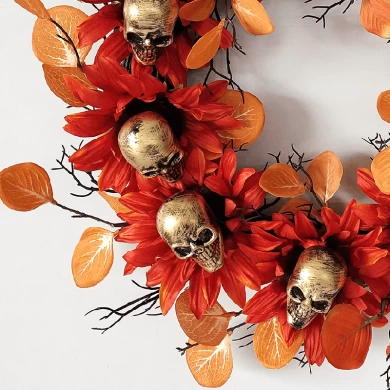 Senmasine Corona de Halloween de Calavera de 24 Pulgadas con Rama Muerta Negra, decoración espeluznante de Girasol