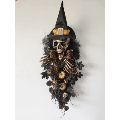 Corona Senmasine de 32x13 pulgadas, botín de Halloween con cabeza de esqueleto espeluznante, sombrero de bruja de mano, lazo de calabaza