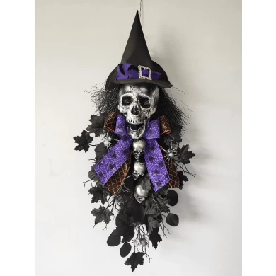 Senmasine 32*13 pouces couronne Halloween Swag avec tête de squelette effrayant effrayant main chapeau de sorcière arc citrouille