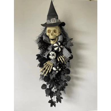 Senmasine 32*13 inch wreath Halloween Swag with Spooky Scary Skeleton head Hand Witch Hat Bow Pumpkin