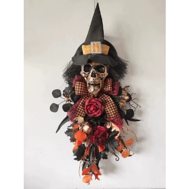 Corona Senmasine de 32x13 pulgadas, botín de Halloween con cabeza de esqueleto espeluznante, sombrero de bruja de mano, lazo de calabaza