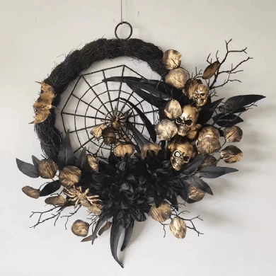 Senmasine 20 インチ ハロウィン リース装飾 クモの巣付き 不気味な怖いスケルトン ヘッド ブラック ビッグ造花