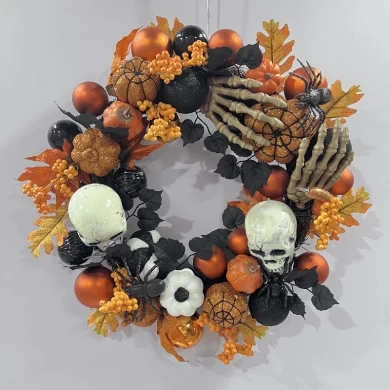 Senmasine 22Inch Halloween Wreath For Front Door Orange Baubles Berries Maple Leaves Glitter Pumpkin Spider Skeleton Head Hand