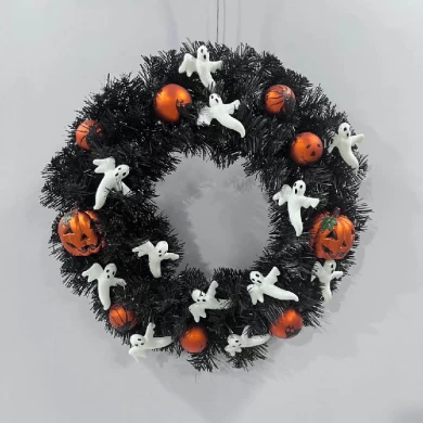 Senmasine Corona De Halloween Diy De 20 Pulgadas con Adornos De Diseño De Patrón De Gato Araña De Calabaza Naranja Fantasma Blanco