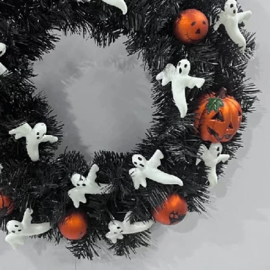 Senmasine 20Inch Diy Halloween Wreath with White Ghost Orange Pumpkin Spider Cat Pattern Design Baubles